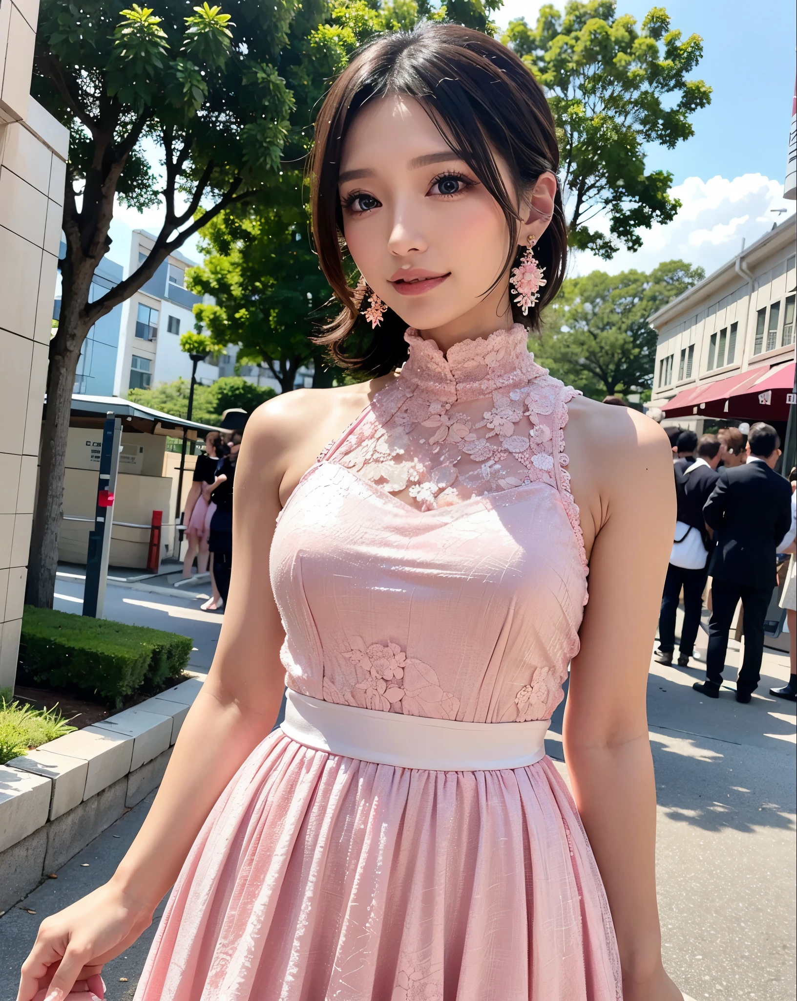 a woman posing on the street corner with pink dress on, best quality, high res, 8k, 1girl, (huge breasts), day, bright, outdoor, (street:0.8), (people, crowds:1), (lace-trimmed dress:1.5, pink clothes:1.5, pink high-neck dress:1.5, sleeveless dress, pink dress: 1.5), gorgeous, (medium hair), beautiful detailed sky, beautiful earrings, (dynamic pose:0.8), (upper body:1.2), soft lighting, wind, shiny skin, looking at viewer,