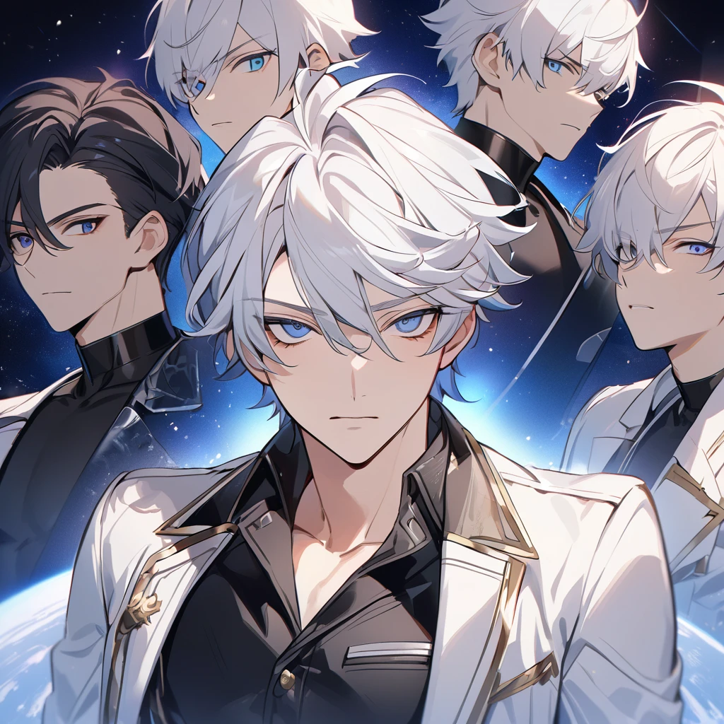 High quality, HD, 4k, no shadows, handsome male, 1male, , teenager, golden lining, short white hair, sharp eyes, dark blue eyes, blue eyes, deep blue eyes, devil may cry, close up, calm expression, stoic expression, black leather clothes, white leather clothing, lean body, well trained body, upper body, looking at viewer, cowboy shot, white solar, space background