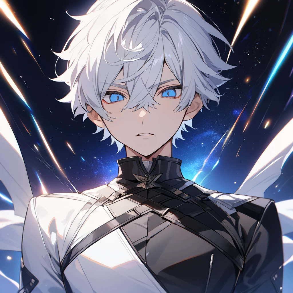High quality, HD, 4k, no shadows, handsome male, 1male, , teenager, go lining, short white hair, sharp eyes, dark blue eyes, blue eyes, deep blue eyes, devil may cry, close up, calm expression, stoic expression, black leather clothes, white leather clothing, lean body, well trained body, upper body, looking at viewer, cowboy shot, white solar, space background