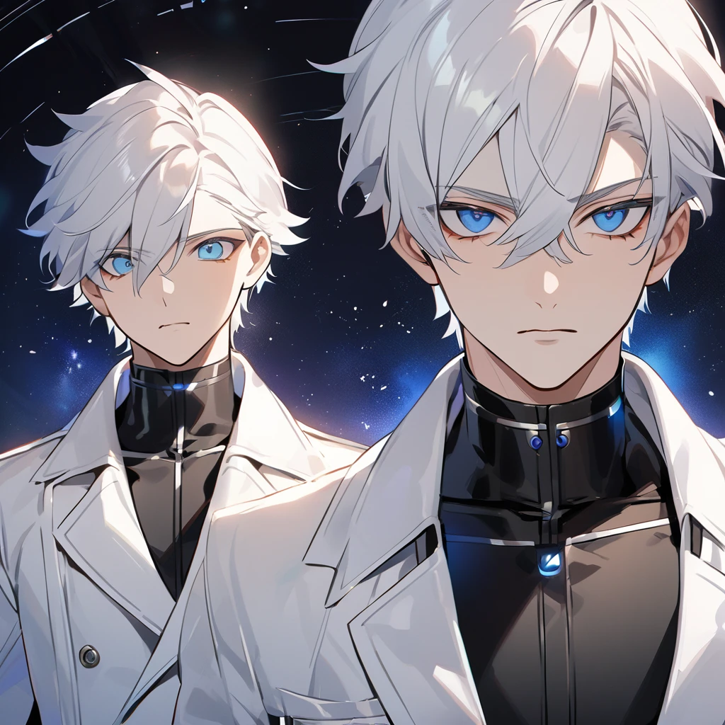 High quality, HD, 4k, no shadows, handsome male, 1male, 17 years old, teenager, golden lining, short white hair, sharp eyes, dark blue eyes, blue eyes, deep blue eyes, devil may cry, close up, calm expression, stoic expression, black leather clothes, white leather clothing, lean body, well trained body, upper body, looking at viewer, cowboy shot, white solar, space background