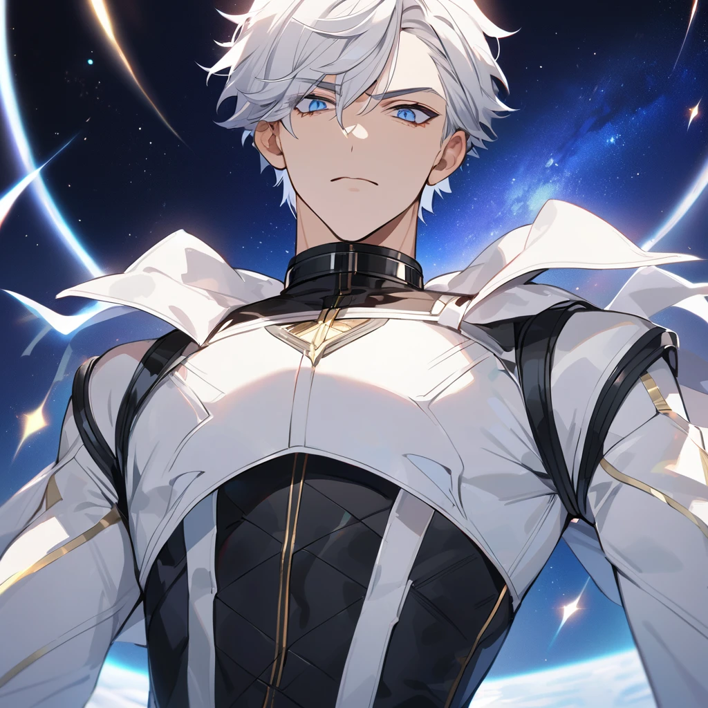 High quality, HD, 4k, no shadows, handsome male, 1male, 17 years old, teenager, golden lining, short white hair, sharp eyes, dark blue eyes, blue eyes, deep blue eyes, devil may cry, close up, calm expression, stoic expression, black leather clothes, white leather clothing, lean body, well trained body, upper body, looking at viewer, cowboy shot, white solar, space background