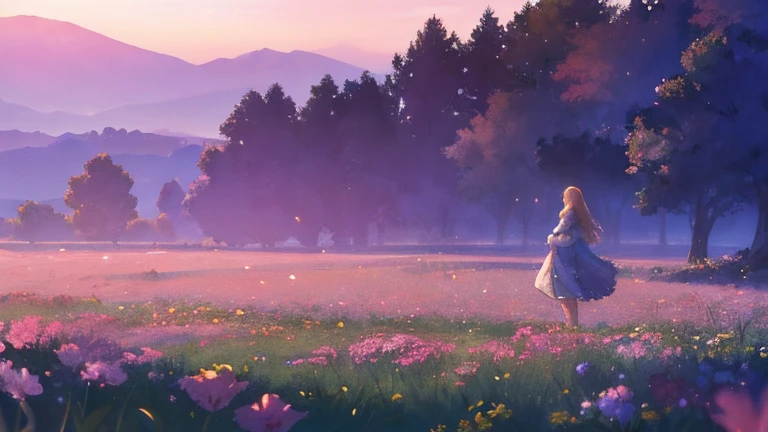 (highest quallity、high resolution、work of art)、(Art Anime 4K)、(photorrealistic)、((beautiful landscape photography))、((Beautiful sensual girl with big breasts, close up))、(perfectbody) cinema lighting、ray tracing、smooth light、Celtic landscape on a misty morning、Create a magical scene in a misty meadow on a calm morning、Draw delicate, blurred strokes、place々flowers bloom、(Sargent style watercolor)、(Edmundo Leighton style)、