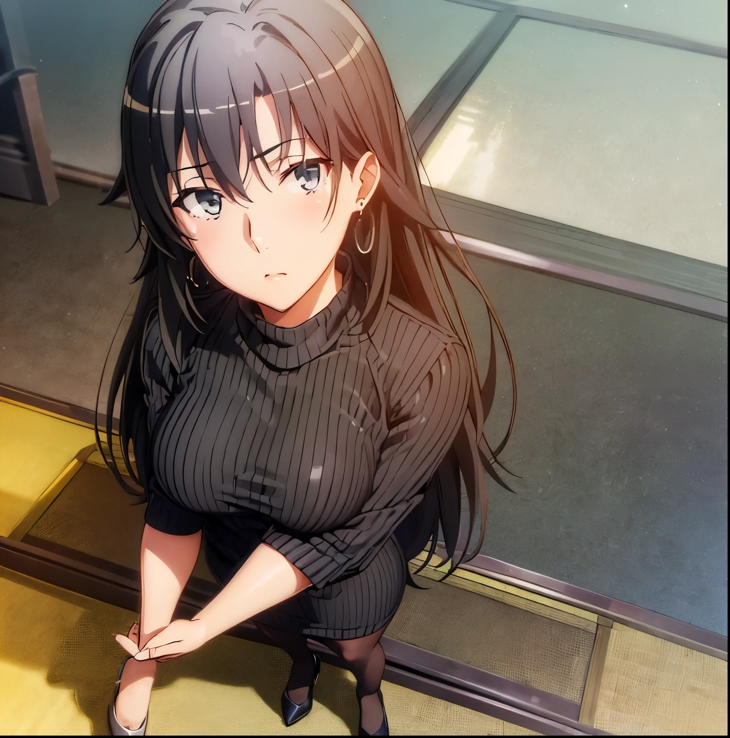 ((1 girl)),((alone)), Shizuka hiratzuka,((Extremely detailed CG unity 4k wallpaper)),(Masterpiece),(ultra quality),(Ultra detailed),(best illustration),( best shadow),(extremely detailed),(absurdities),(detailed background),curvy body,cowboy shot,looking at viewer,dynamic pose,depth of field,large breasts,narrow waist,wide hips,medium thighs,butt round, sweater, black hair, long hair, airy hair, mature, adult woman, blush, gray eyes, beautiful detailed eyes, light skin, soft skin, seductive look, hands on hips, ((black sweater dress: 1.3, sweater ribbed:1.2,bare arms,bare legs,black heels,nail polish)), ((solo)), earrings,(( Standing:1.4, interior,japanese apartment,night,moon,window,cityscape,lights the city)), mouth closed, Backlit, looking forward, ((focus on breasts), pov: (from middle), perfect anatomy, perfect hands