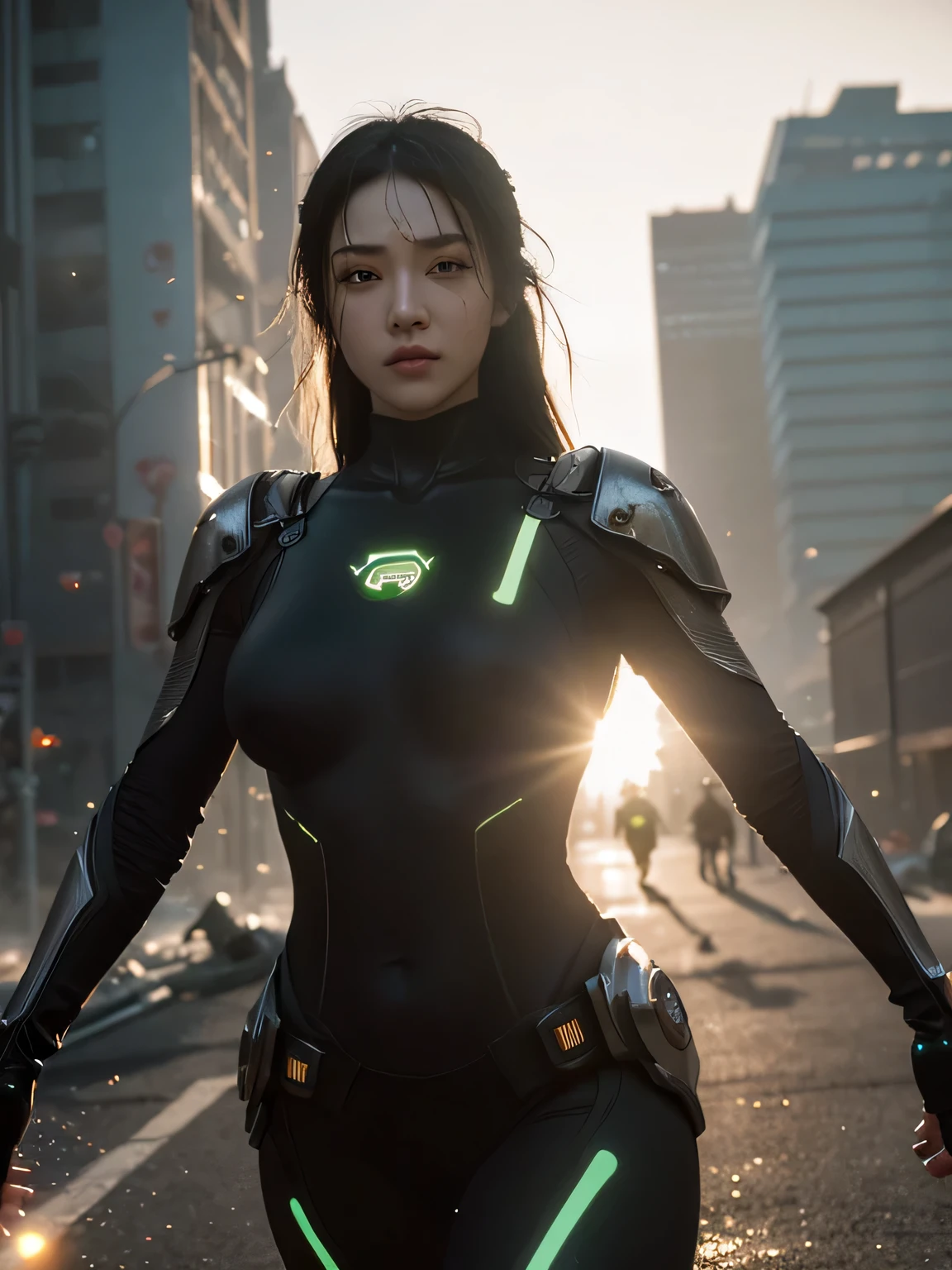 ((best quality)), ((masterpiece)), ((realistic)), (detail), (photorealistic:1.5), a futuristic girl is running, (thick body), (black bodysuit), lights on the armor, cybernetic headdress, looking at viewer, dynamic poses, post apocalyptic, destroyed city background, burning buildings, science fiction, hdr, ray tracing, nvidia rtx, super resolution, unreal 5, subsurface scattering, pbr textures, post-processing, filtering anisotropic, depth of field, maximum clarity and sharpness, rule of thirds, 8k raw, (luminous particles: 1.4), (highly detailed cg, unity 8k wallpaper, 3d, cinematic lighting, lens flare), reflections, sharp focus, cyberpunk art, architecture cyberpunk, sexy clothes, holding a katana