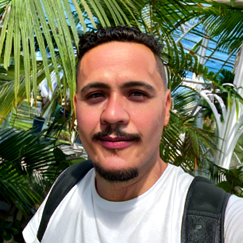 araffe man with mustache and backpack in front of a palm tree, avatar image, Serpentina do Twitch / gamer ludwig, vacation photo, in front of a forest background, profile picture with headshot, christian orrillo, André Rios, taken at the beginning of 2020, portrait of Danny González, palm trees in the background, trees in the background