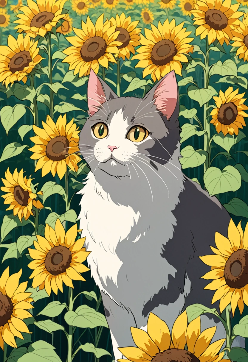 Studio Ghibli-style anime movies, A cat looking at blooming sunflowers