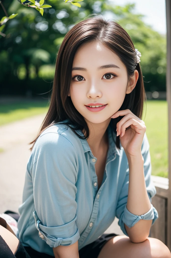Pure Japanese girl, trendy loose casual fashion, natural hair styles, impressive big brown eyes, pure smile, refreshing in early summer sunlight, feeling soft breeze in hair, sitting and relaxing, professional portrait photography, film photography, 35mm negative film, 85mm lens, very shallow depth of field, bokeh,