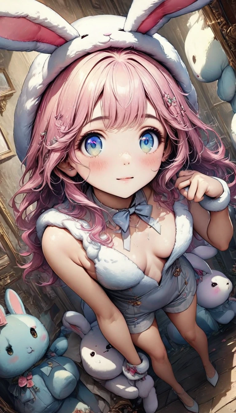 Ultra-realistic CG K ,((premium、8k、32k、Masterpiece:1.3)), (superfine illustration)、(súper high resolution), (((adult body))),whole body, plano general ,extremely detailed and beautiful eyes, a woman dressed in a fluffy rabbit costume with big bunny ears, tiro de whole body, wide angle, nice expression and , professional portrait, 8K hyper detailed, high resolution, detailed facial features, Detailed clothing, soft lighting, capricious, elegant, pastel colors, adorable, High Definition.