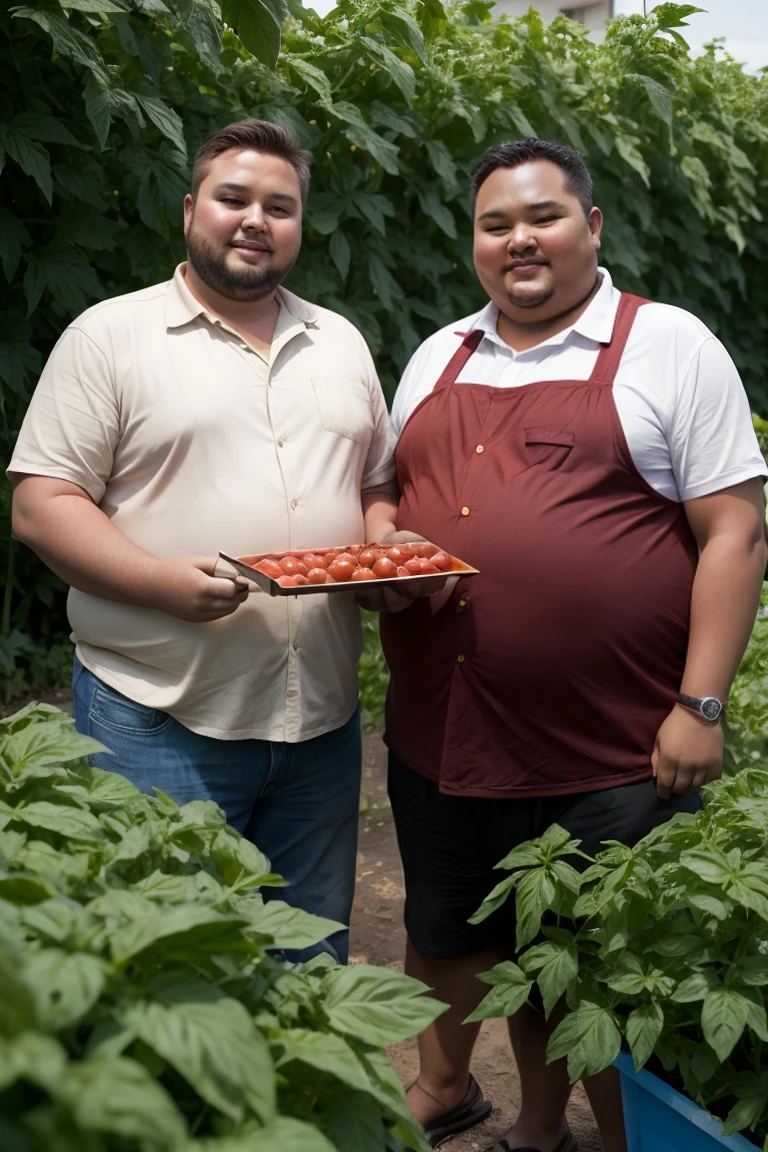Very fat man in his tomato business with roasted tobacco , at his side two beautiful and thin young women , They present said product in packages per unit