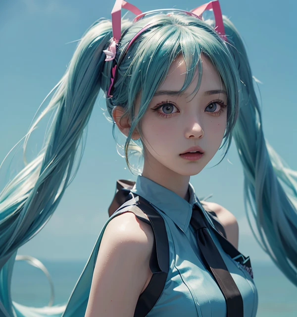 Realistic, Hatsune Miku, ultra detail, ulzzang , with Hatsune Miku costume, serious face, on a blue background