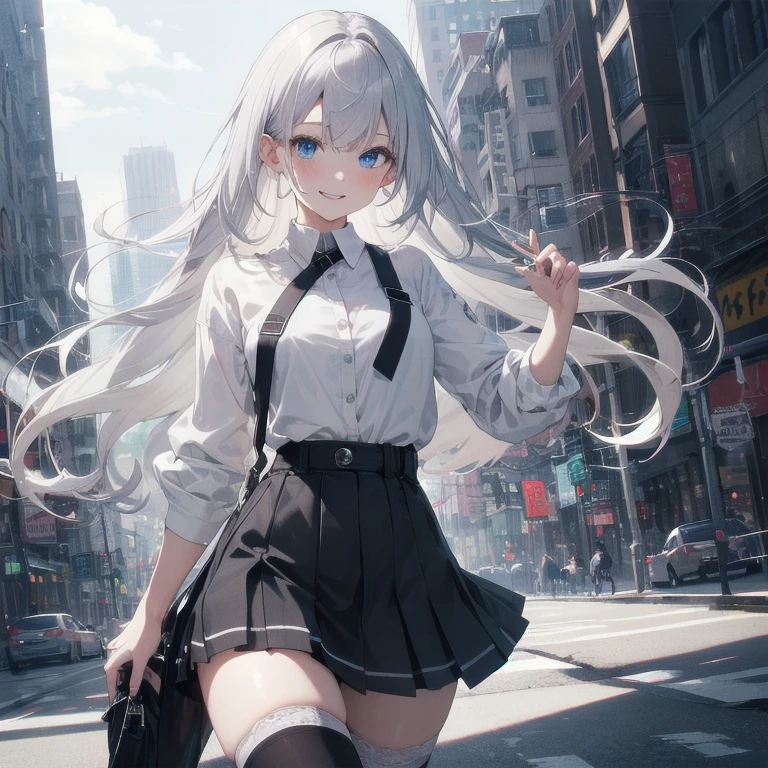 (Masterpiece, Best quality, ultra high resolution), 1 girl, Silver hair, Pale skin, Beautiful detailed face, Detailed eyes, posing on a, On a white background, Dynamic lighting, dynamic shadowing, looking at viewer, White stone punk fashion,(Posing for a photo),((White clothes)), (((black thigh highs))), ((jean shorts, skirt)), white sweater, ((Blue eyes)), happy, smiling, black straps, black strap design, ((Long white hair)), energetic, cheerful, cityscape background