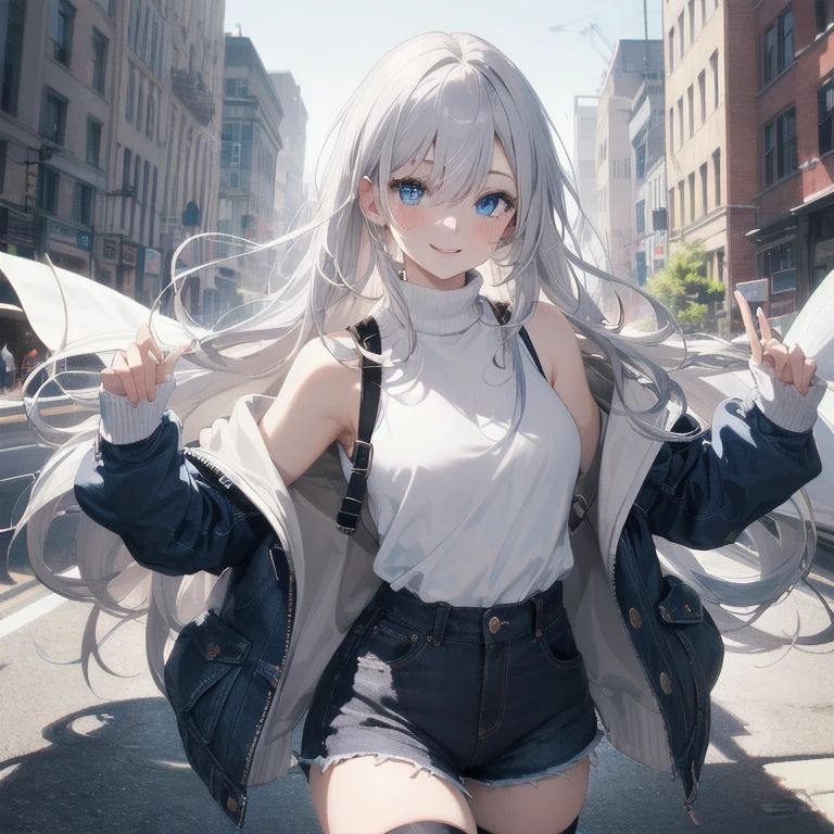 (Masterpiece, Best quality, ultra high resolution), 1 girl, Silver hair, Pale skin, Beautiful detailed face, Detailed eyes, posing on a, On a white background, Dynamic lighting, dynamic shadowing, looking at viewer, White stone punk fashion,(Posing for a photo),((White clothes)), (((black thigh highs))), ((jean shorts, skirt)), white sweater, ((Blue eyes)), happy, smiling, black straps, black strap design, ((Long white hair)), energetic, cheerful, cityscape background