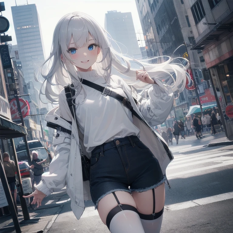 (Masterpiece, Best quality, ultra high resolution), 1 girl, Silver hair, Pale skin, Beautiful detailed face, Detailed eyes, posing on a, On a white background, Dynamic lighting, dynamic shadowing, looking at viewer, White stone punk fashion,(Posing for a photo),((White clothes)), (((black thigh highs))), ((jean shorts, skirt)), white sweater, ((Blue eyes)), happy, smiling, black straps, black strap design, ((Long white hair)), energetic, cheerful, cityscape background
