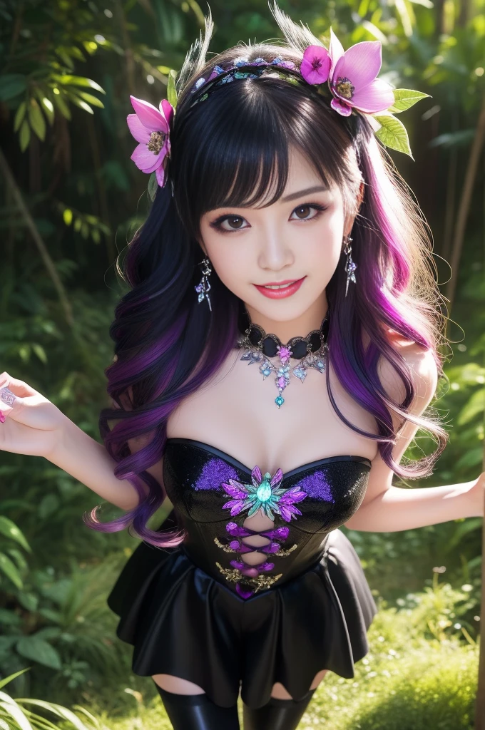 sexy stylish princess who controls poison、beautiful smile、lipgloss、long lashes、intense makeup、look at the camera、full body Esbian、、sparkling poisoned flower costume、、、、shiny sparkling multicolor hair、secrete poison、skull hair accessories、fishnet tights、shiny sparkling dark magic forest background