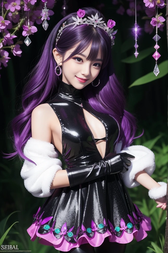 sexy stylish female who controls poison、beautiful smile、lipgloss、long lashes、dramatic makeup、look at the camera、full body Esbian、、sparkling poisoned enchanted flower costume、、、、shiny sparkling multicolor hair、secrete poison、skull hair accessories、black tights、shiny sparkling dark magic forest background