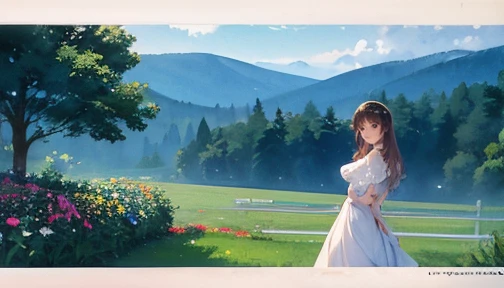 (highest quallity、high resolution、work of art)、(Art Anime 4K)、(photorrealistic)、((beautiful landscape photography))、((Beautiful sensual girl with big breasts, close up))、(perfectbody) cinema lighting、ray tracing、smooth light、Celtic landscape on a misty morning、Create a magical scene in a misty meadow on a calm morning、Draw delicate, blurred strokes、place々flowers bloom、(Sargent style watercolor)、(Edmundo Leighton style)、