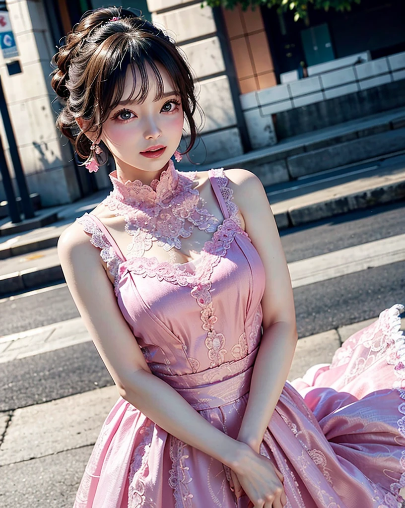a woman posing on the street corner with pink dress on, best quality, high res, 8k, 1girl, (huge breasts), day, bright, outdoor, (street:0.8), (people, crowds:1), (lace-trimmed dress:1.5, pink clothes:1.5, pink high-neck dress:1.5, sleeveless dress, pink dress: 1.5), gorgeous, (medium hair), beautiful detailed sky, beautiful earrings, (dynamic pose:0.8), (upper body:1.2), soft lighting, wind, shiny skin, looking at viewer,