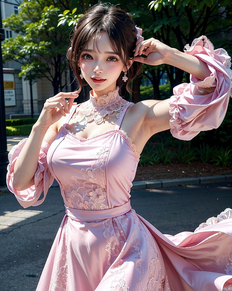 a woman posing on the street corner with pink dress on, best quality, high res, 8k, 1girl, (huge breasts), day, bright, outdoor, (street:0.8), (people, crowds:1), (lace-trimmed dress:1.5, pink clothes:1.5, pink high-neck dress:1.5, sleeveless dress, pink dress: 1.5), gorgeous, (medium hair), beautiful detailed sky, beautiful earrings, (dynamic pose:0.8), (upper body:1.2), soft lighting, wind, shiny skin, looking at viewer,