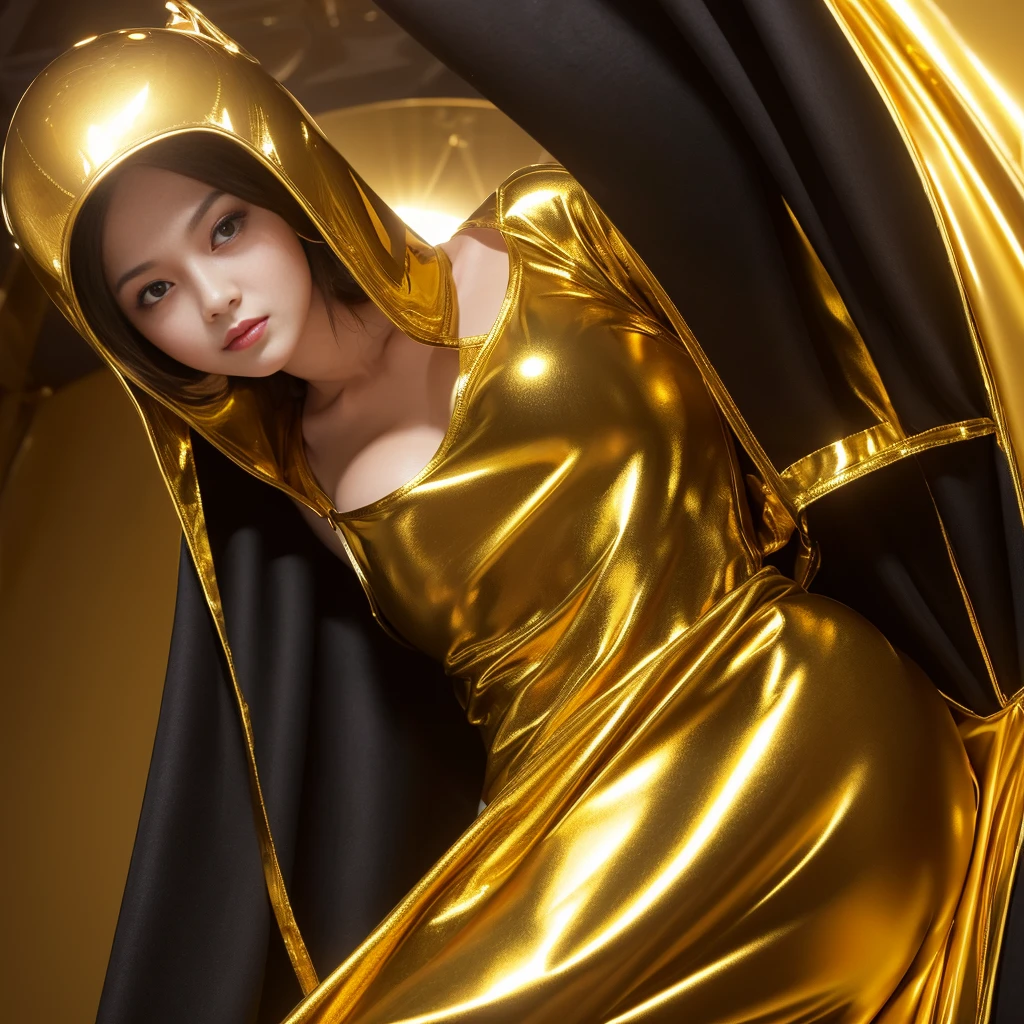 (Highest quality, High resolution, Realistic: 1.37), Tall girl wearing Gemini gold cloth, Wear a tight black suit inside the fabric, Sexy figure in golden cloth, Gemini holding a helmet made of cloth of gold, Golden armor that emits golden light, Girl's long golden hair