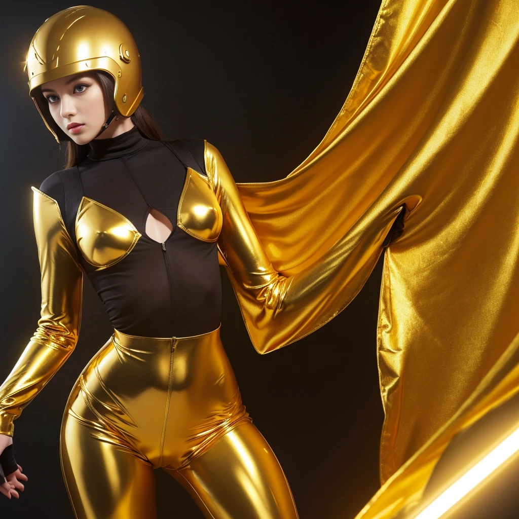 (Highest quality, High resolution, Realistic: 1.37), Tall girl wearing Gemini gold cloth, Wear a tight black suit inside the fabric, Sexy figure in golden cloth, Gemini holding a helmet made of cloth of gold, Golden armor that emits golden light, Girl&#39;s long golden hair