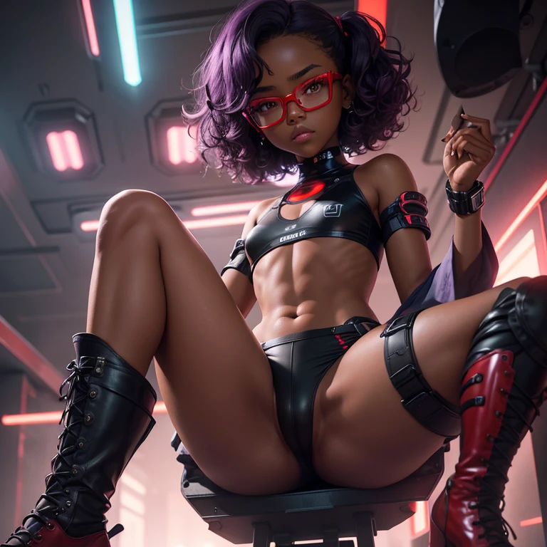 (masterpiece), (best quality), (high res) Solo, (perfect anatomy), (young girl (), ((((dark skin)))), curly purple hair (shoulder length), red eyes, round eyeglasses, (skin tight shirt), (red high heels boots), (shirt), (super mini shorts), angry, (((flat chest))), in a futuristic setting with a red light, cyberpunk, cyber suit, best anime 4k, cybersuits, in a backstage