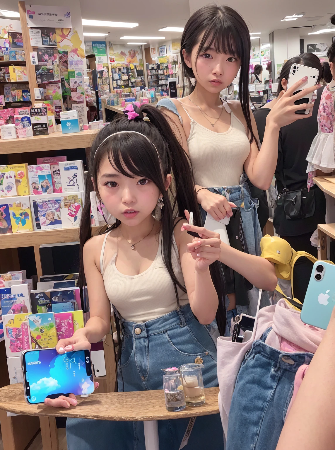 Araphedo woman taking a selfie with her mobile phone in a store, ulzzangs, Kimi Takemura, 🚿🗝📝, with apple, 🪔 🎨;🌞🌄, iphone selfie, 2 color, chiho, 🐝👗👾, instagram model, iPhone 12, 🤬 🤮 💕 🎀