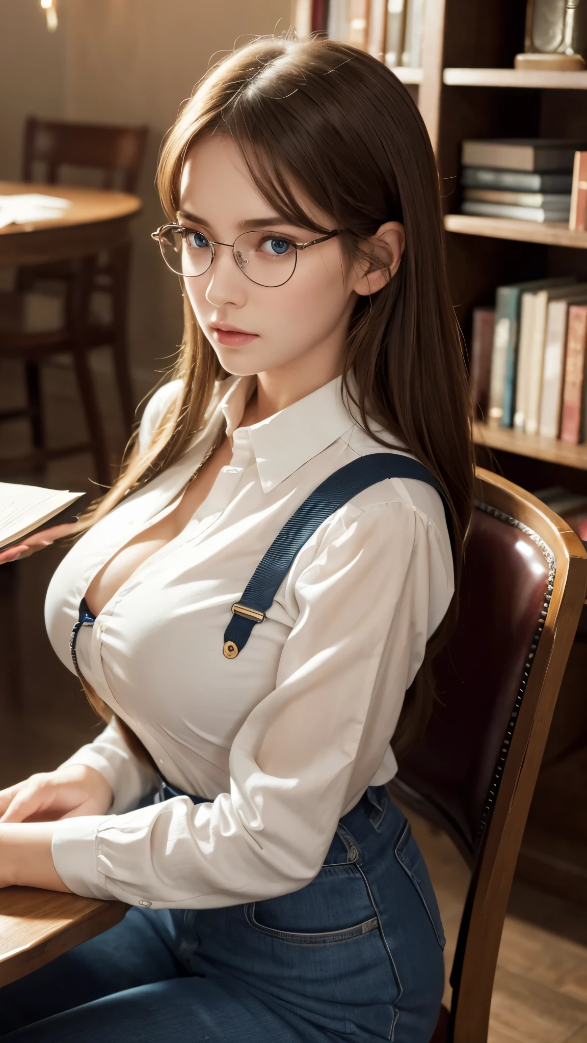 alone, One girl, masterpiece, Highest quality, Very detailed, Cinema Lighting, Exquisite detail, High resolution, Official Art, Beautifully detailed face and eyes, High resolutionのイラスト, 8K, Dark intense shadows, Exposure, [Blonde/Brown Hair], Single Blade, blue eyes, Glasses, Conceit, Sitting in a chair, Upper Body, Large Breasts, White shirt, Yellow suspenders, Book_stack, library, ((vine)), Rose, Looking at the audience