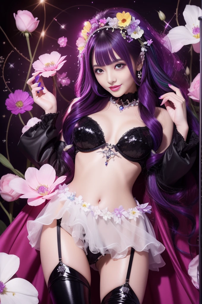 beautiful sexy model who controls poison、beautiful smile、lipgloss、long lashes、intense makeup、look at the camera、full body Esbian、、sparkling poisoned flower costume、、、、shiny sparkling multicolor hair、secrete poison、skull hair accessories、black tights、shiny sparkling flowers background