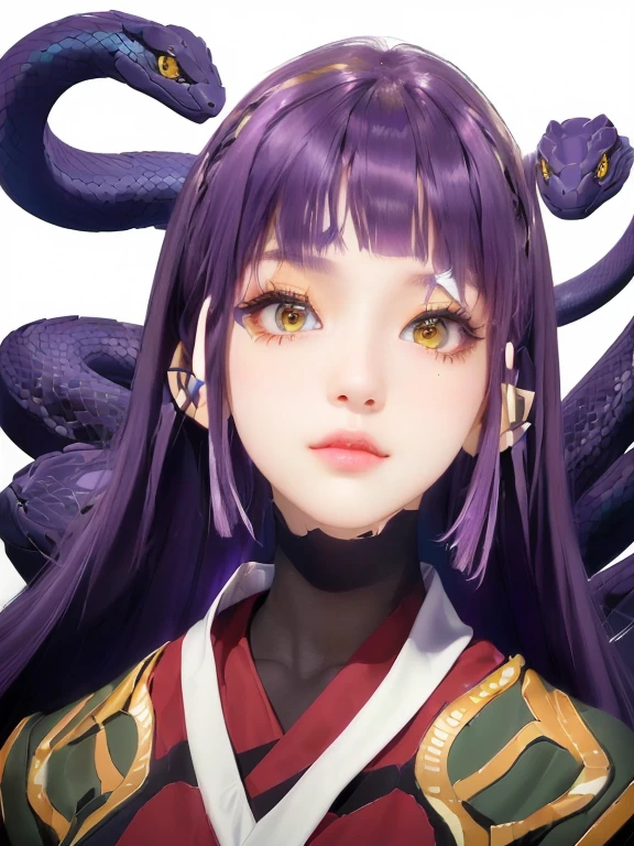 ((ultra realisitic)), ((picture-perfect)), ((face perfect)), ((ultra detaild)), ((close up)), ((perfectbody))a girl with yellow eyes and vertical pupil with purple hair and snake hair