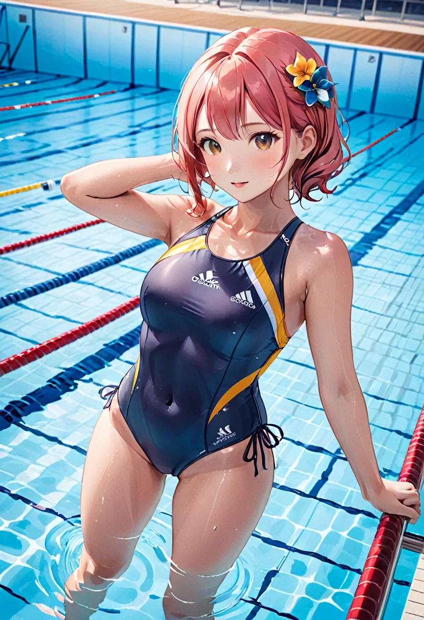 Highest quality、High resolution、Detailed Background、Beautiful girl in her 20s、Cute hair colors、Sexy competition swimwear、Perfect body line、Olympic、Swimmers swimming in the pool、Swimming