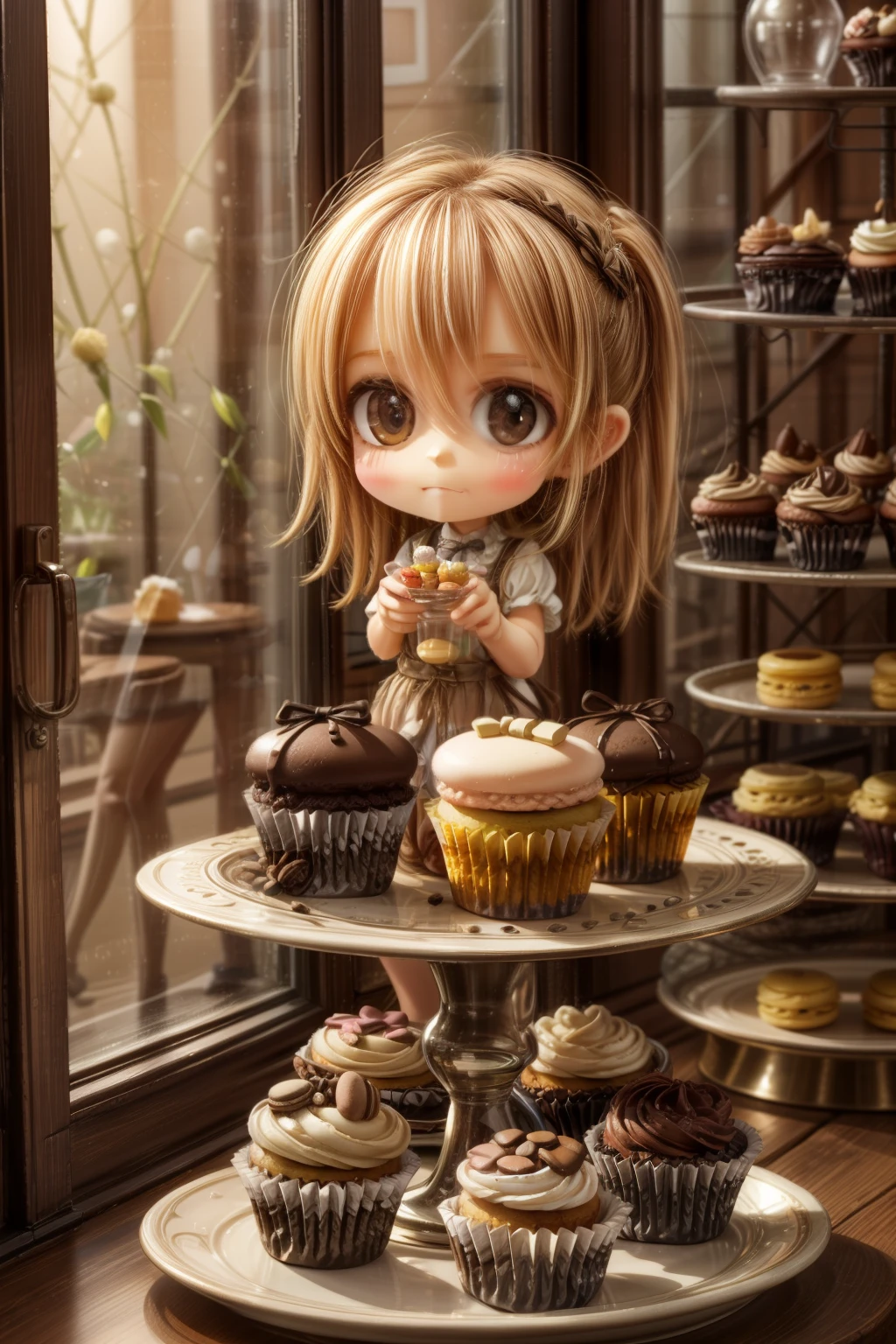 masterpiece, highly detailed, (chibi:1.3), , (1girl), blonde hair, pastel colors, cozy atmosphere, dessert display case, macarons, cupcakes, tarts, cakes, coffee machine, chalkboard menu, natural lighting, glass jars filled with candy, frosted window panes, decorative plates, whimsical decor, sugar sculptures,
