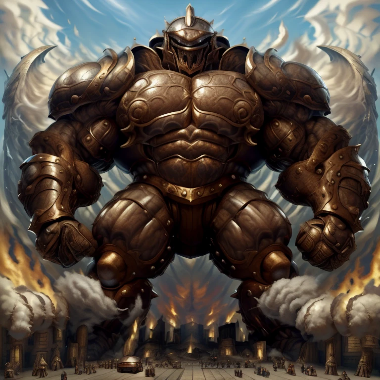 SOLO (masterpiece. official art. 8k. best quality. detailed full body. full body.)
(situation 1 : dominating Armored Flazzard. Armored Flazzard is over 1000 meters long. focus GIANT mechanical Muscular Armored Flazzard is trampling the city. Looking down. macro. stomp. Low-angle perspective. emphasizing the immense size.)
(situation 2 :smoke and flames rising from the destruction in the city)
(Additional details 1: real texture material. whole body shines like metal. emphasizes the muscles. suit fully made of metal.).
(Additional details 2: Detailed head. Detailed Body. Detailed abs. gigantic muscles. HYPER MUSCLES. Gigachad Muscular. big muscle. pecs. triceps. traps. unusually developed muscular body. body full of huge muscles. showing off muscles. pectorales enormes. Exaggeratedly huge muscles. huge muscles. long legs.).
(Additional details 3: Spread wings. It has wings. have big wings. The claws are sharp. Sharp teeth.).