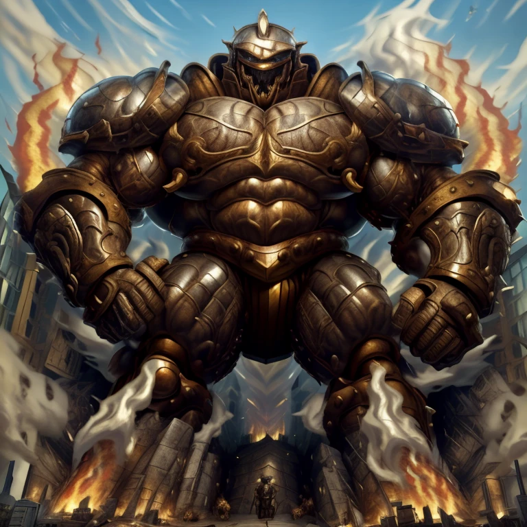 SOLO (masterpiece. official art. 8k. best quality. detailed full body. full body.)
(situation 1 : dominating Armored Flazzard. Armored Flazzard is over 1000 meters long. focus GIANT mechanical Muscular Armored Flazzard is trampling the city. Looking down. macro. stomp. Low-angle perspective. emphasizing the immense size.)
(situation 2 :smoke and flames rising from the destruction in the city)
(Additional details 1: real texture material. whole body shines like metal. emphasizes the muscles. suit fully made of metal.).
(Additional details 2: Detailed head. Detailed Body. Detailed abs. gigantic muscles. HYPER MUSCLES. Gigachad Muscular. big muscle. pecs. triceps. traps. unusually developed muscular body. body full of huge muscles. showing off muscles. pectorales enormes. Exaggeratedly huge muscles. huge muscles. long legs.).
(Additional details 3: Spread wings. It has wings. have big wings. The claws are sharp. Sharp teeth.).
