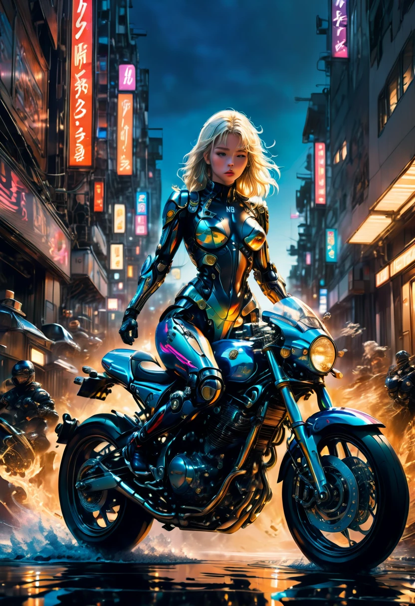 Motorcycle, rider, full body, by hajime sorayama, comic style, dramatic composition, cinematic dynamic action scene, vibrant colors, cinematic lighting, dramatic lighting, best quality, masterpiece, very aesthetic, perfect composition, intricate details, ultra-detailed