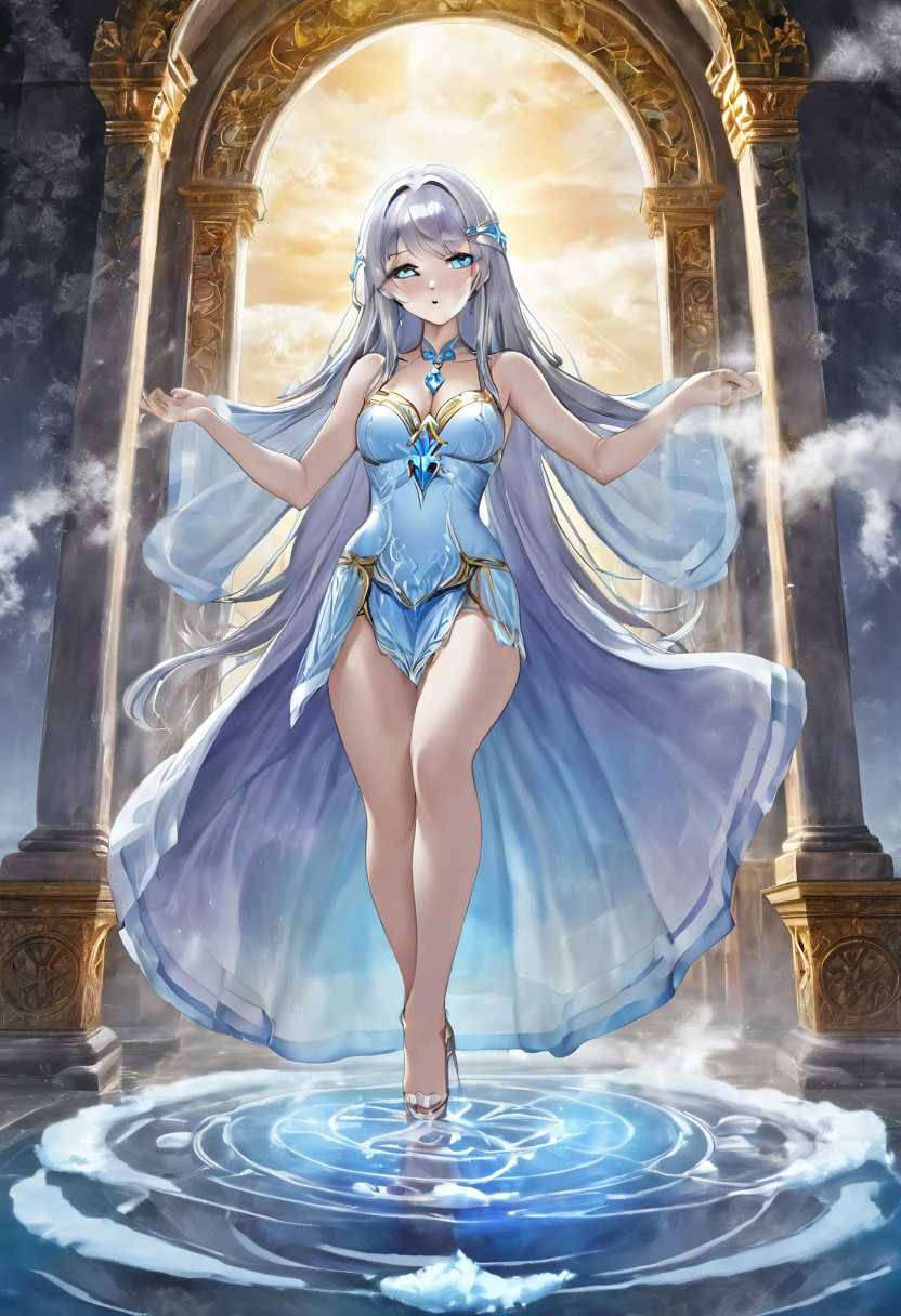 Masterpiece, 30 years age, female, long Silver hair, wearing mermaid headband, pearl necklace, blue navy sexy dress, high heels, standing above the sea, with a sharp gaze, beautiful face, full body