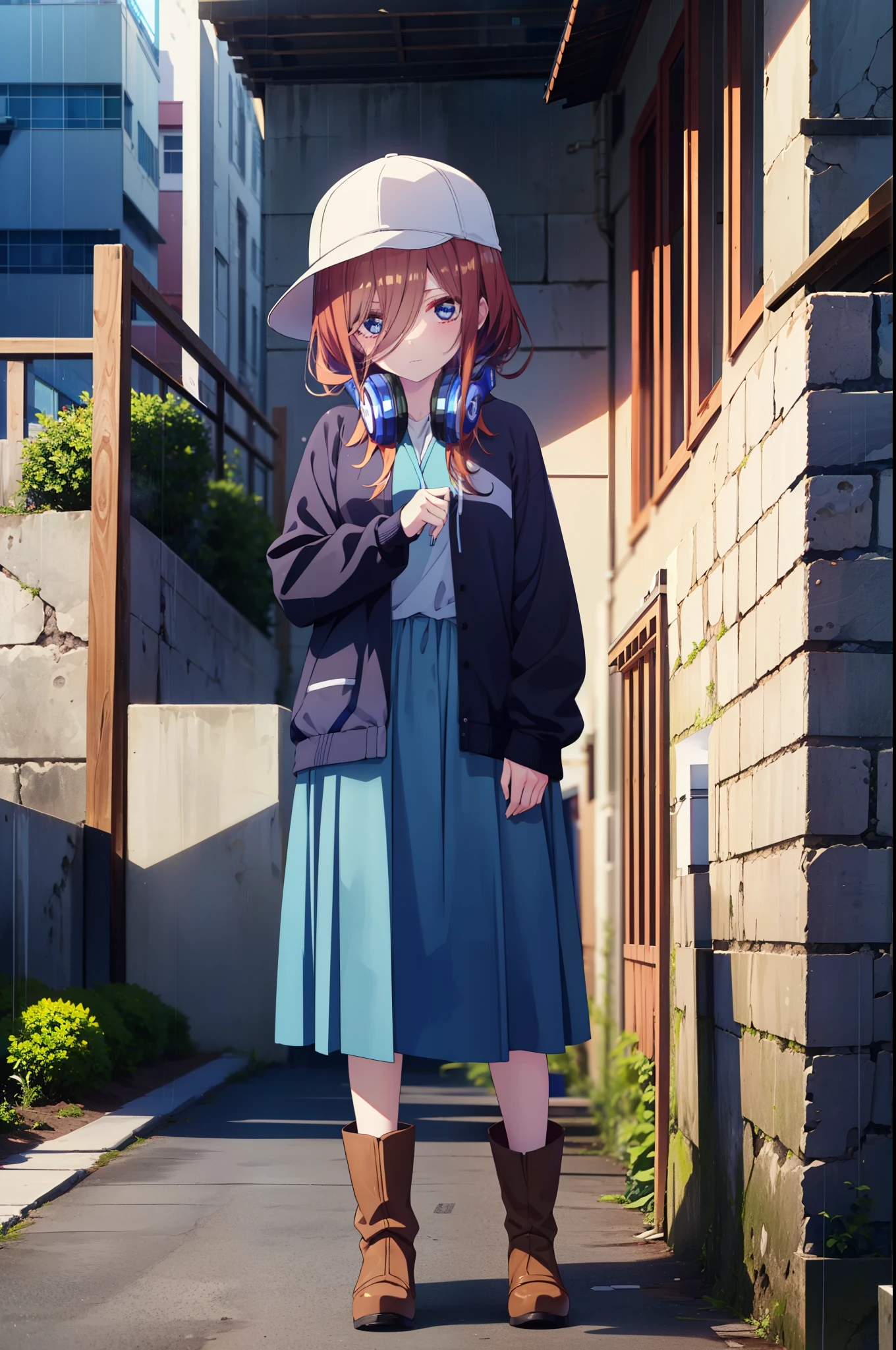 miku nakano, Nakano Miku Ticket III, Long Hair, bangs, blue eyes, Brown Hair, Hair between the eyes,Baseball hats,Headphones around neck,Oversized blue hoodie,Long skirt,short boots,rain,Hiding in a roofed building,Standing leaning against the wall,whole bodyがイラストに入るように,
break outdoors, Building district,
break looking at viewer, whole body,
break (masterpiece:1.2), Highest quality, High resolution, unity 8k wallpaper, (figure:0.8), (Beautiful attention to detail:1.6), Highly detailed face, Perfect lighting, Highly detailed CG, (Perfect hands, Perfect Anatomy),