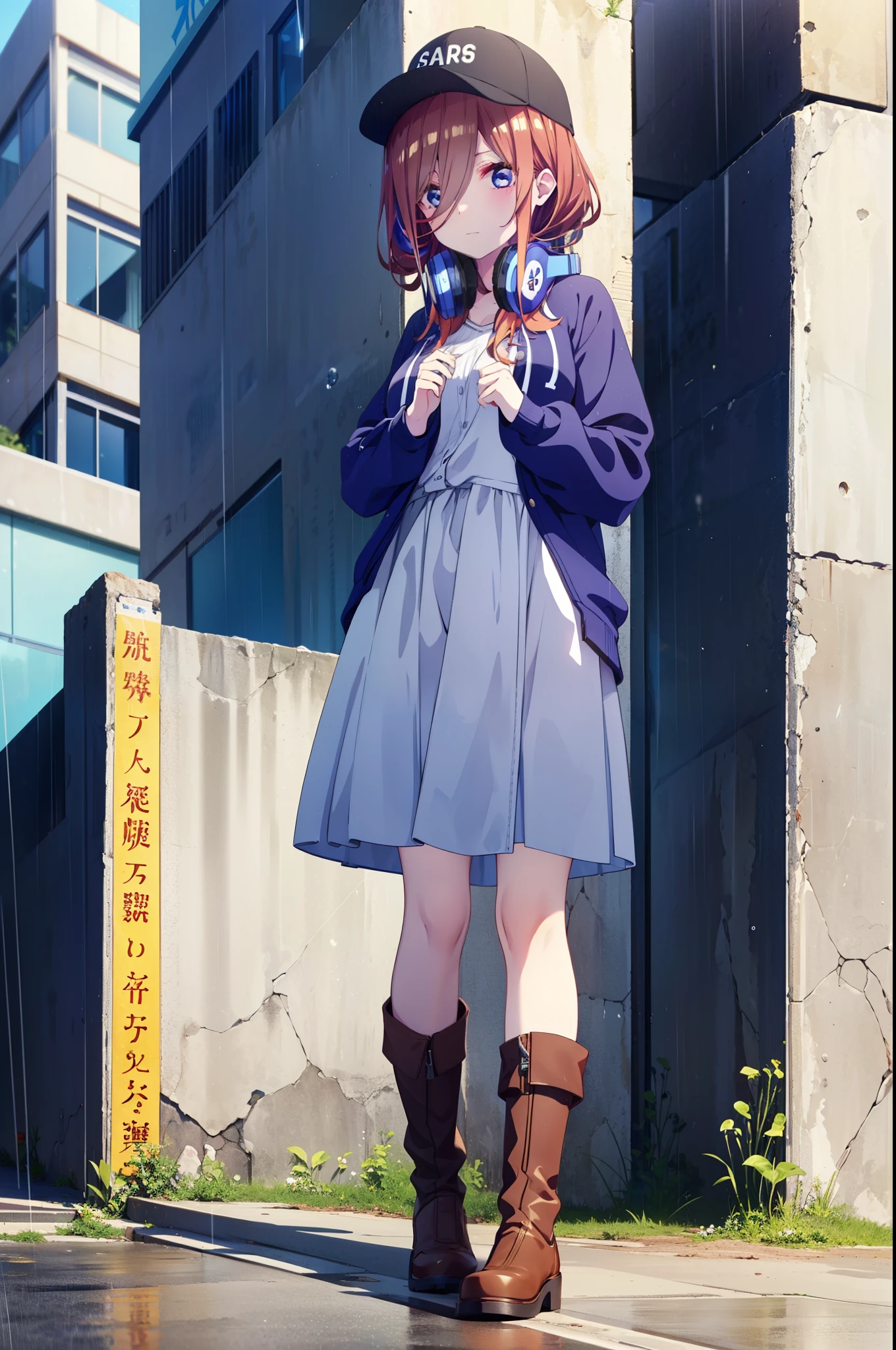 miku nakano, Nakano Miku Ticket III, Long Hair, bangs, blue eyes, Brown Hair, Hair between the eyes,Baseball hats,Headphones around neck,Oversized blue hoodie,Long skirt,short boots,rain,Hiding in a roofed building,Standing leaning against the wall,whole bodyがイラストに入るように,
break outdoors, Building district,
break looking at viewer, whole body,
break (masterpiece:1.2), Highest quality, High resolution, unity 8k wallpaper, (figure:0.8), (Beautiful attention to detail:1.6), Highly detailed face, Perfect lighting, Highly detailed CG, (Perfect hands, Perfect Anatomy),