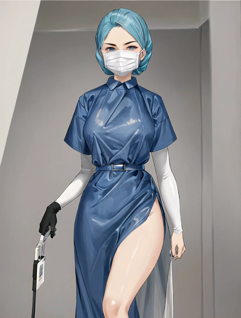 ((masterpiece, best quality, high quality)),1girl, (lower body, hospital), (surgical_uniform, mask, long sleeves, surgical mask,long dress, latex gloves),