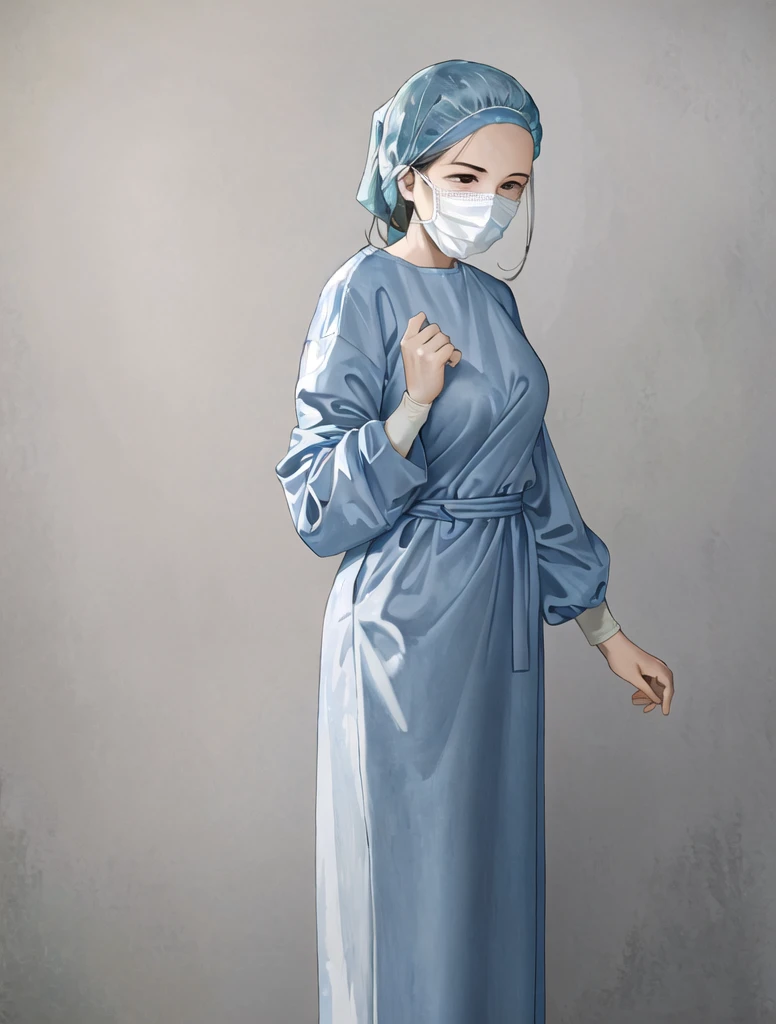 ((masterpiece, best quality, high quality)),1girl, (lower body, hospital), (surgical_uniform, mask, long sleeves, surgical mask,long dress, latex gloves),