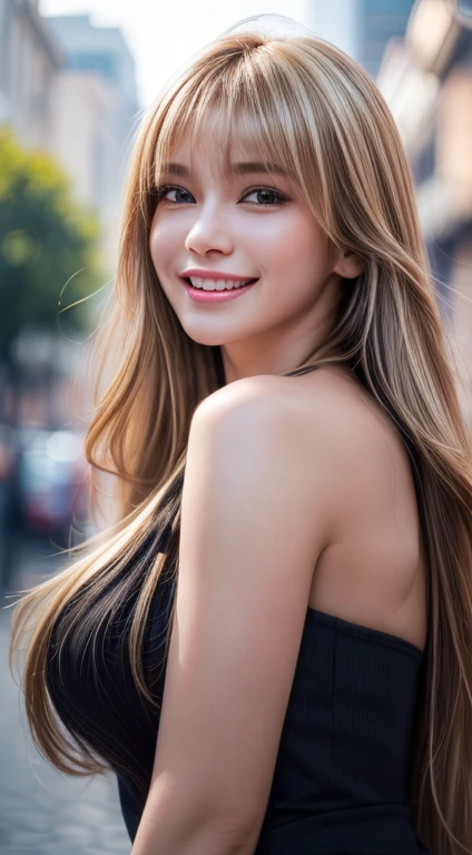 Beautiful lighting, (One girl:Blonde, bangs, Long Hair, Hair between the eyes), (Real Skin), (Outdoor:1.3), Happy expression, Open your mouth, Laughter, Bokeh, ((Cinematic, 超リアルなphotograph, Highly detailed and exquisite, Hypermaximalist, elegant, Very detailed, Dynamic pose, photograph, Volumetric, Super detailed, 8K))