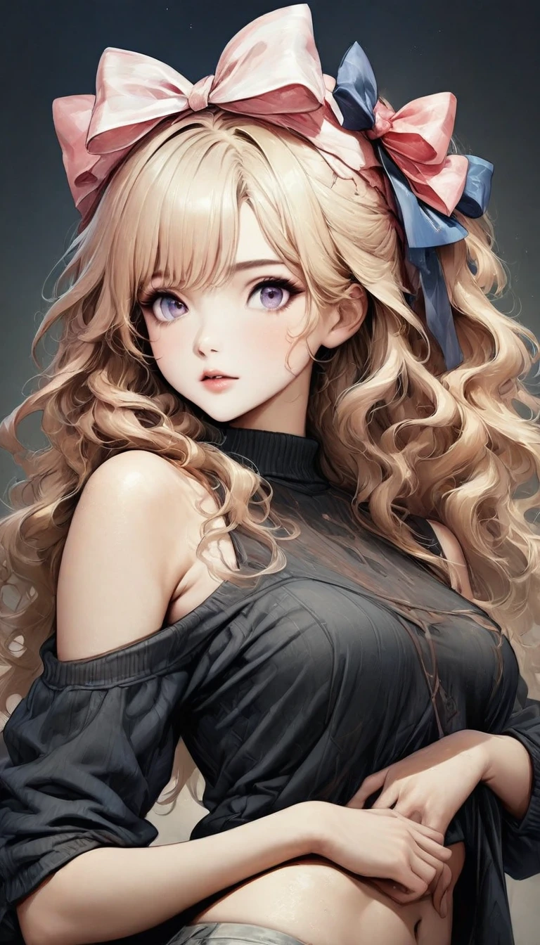 Ultra-realistic CG K ,((premium、8k、32k、Masterpiece、NFFSW:1.3)), (superfine illustration)、(super high resolution), (((adult body))), (Masterpiece, Best Quality:1.2),a beautiful girl，Skin details processing.，The eyes are finely described.，delicate hair，long wavy hair，long light hair，Wear a big bow on your head，black sweater，white dots，Skirt，green，clean background