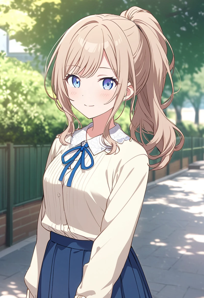 Generate an image of Honami Mochizuki from Project Sekai. She is a high school student with long, straight, light brown hair that she often wears in a loose ponytail or down with a simple clip. She has big, gentle blue eyes and a warm, friendly expression. Her typical outfit includes her , which consists of a white blouse, a blue skirt, and a blue ribbon tie. Alternatively, she might be seen in casual clothes like a light cardigan over a simple top. Include a background of a school setting or a calm outdoor scene.
