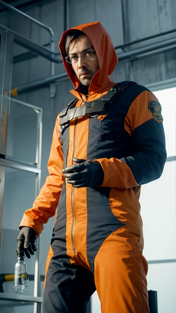 a man wearing an orange jumpsuit standing in front of a glass cage inside is an experimental monster, Strange creature in a futuristic chemical laboratory, a single man wearing a hazmat suit, he being in the alchemist's lab, half-life 3 ( 2 0 2 6 ), future lab 2099, aperture science test chamber, smoke, hazmat suit, still from the movie half-life, the dead and two robots in the void. Images of radioactive symbols are everywhere. Virus biology experiment. A radiation symbol on a white background, radioactive particles, nuclear waste, people. radiation logo. Monster aliens.
