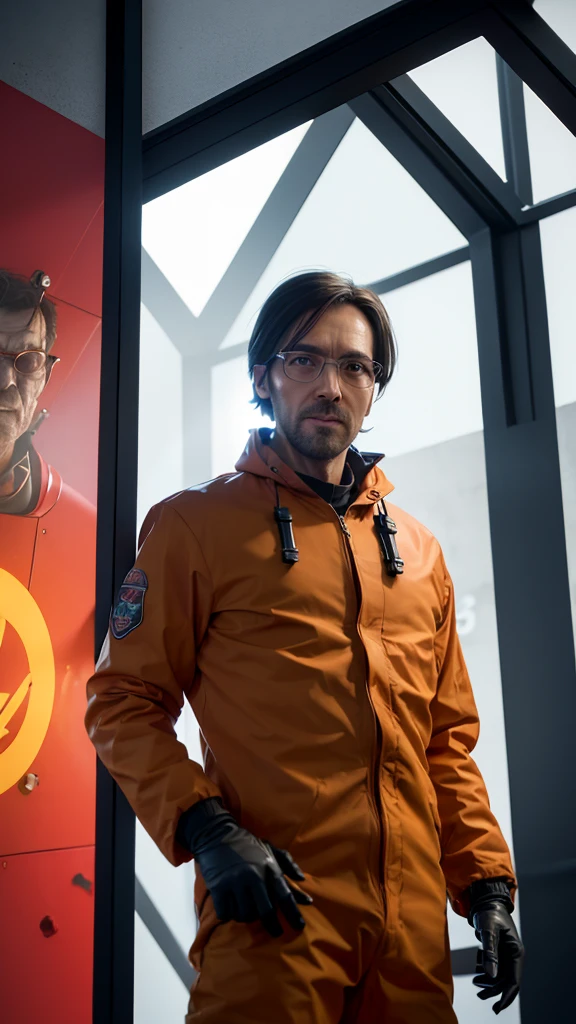 a man wearing an orange jumpsuit standing in front of a glass cage inside is an experimental monster, Strange creature in a futuristic chemical laboratory, a single man wearing a hazmat suit, he being in the alchemist's lab, half-life 3 ( 2 0 2 6 ), future lab 2099, aperture science test chamber, smoke, hazmat suit, still from the movie half-life, the dead and two robots in the void. Images of radioactive symbols are everywhere. Virus biology experiment. A radiation symbol on a white background, radioactive particles, nuclear waste, people. radiation logo. Monster aliens.