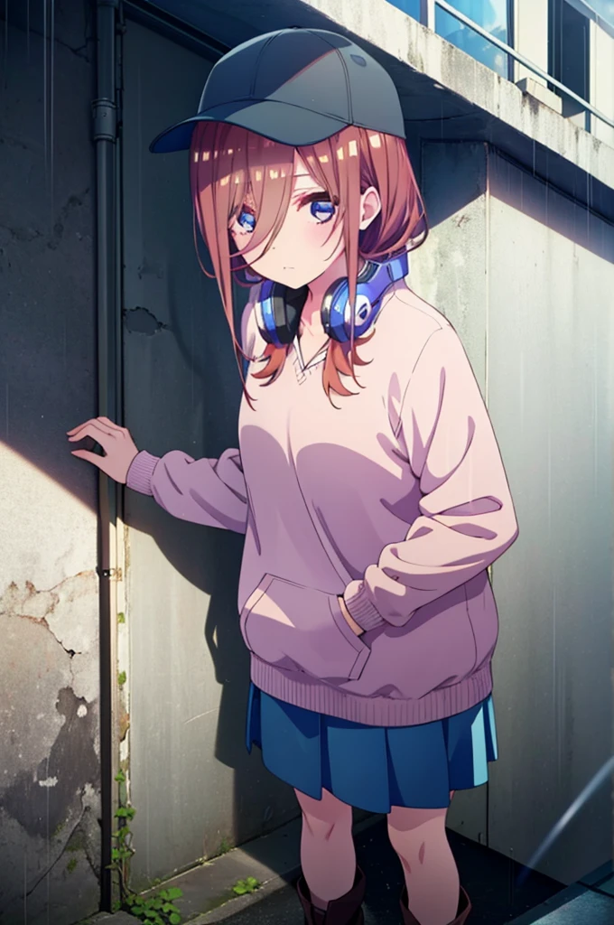 miku nakano, Nakano Miku Ticket III, Long Hair, bangs, blue eyes, Brown Hair, Hair between the eyes,Baseball hats,Headphones around neck,Oversized blue hoodie,Long skirt,short boots,rain,Hiding in a roofed building,Standing leaning against the wall,whole bodyがイラストに入るように,
break outdoors, Building district,
break looking at viewer, whole body,
break (masterpiece:1.2), Highest quality, High resolution, unity 8k wallpaper, (figure:0.8), (Beautiful attention to detail:1.6), Highly detailed face, Perfect lighting, Highly detailed CG, (Perfect hands, Perfect Anatomy),