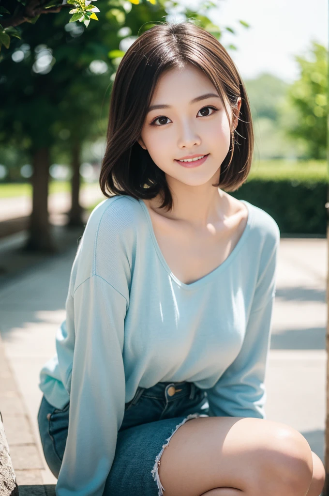 Pure Japanese girl, natural body, beautiful legs, trendy loose casual fashion, natural hair styles, impressive big brown eyes, pure smile, refreshing in early summer sunlight, feeling soft breeze in hair, sitting and relaxing, professional portrait photography, film photography, 35mm negative film, 85mm lens, very shallow depth of field, bokeh,