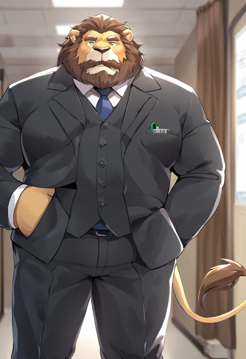 lion,personification,Mature male,Strong Man,Thick beard,Cold expression,Green pupils,Brown eyebrows,Black suit suit,Hands in pockets,The Age of Steam,Hospital Office。