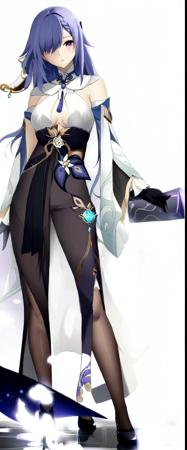 The upper half of the body is dressed like a shrine maiden.,The lower half is a long black dress、 Wear fantasy formal clothing, Keqing of Genshin Impact, Very detailed and luxurious garment, Wearing long, loose clothing, Astral Witch Outfit, Genshin Impact Mid-Range, 、cool、coolな女性、Full body fairy、Beautiful woman one girl with long light purple-blue hair and black leather dress character posing for poster, chest, gloves, View your viewers, jewelry, alone、Azur Lane Style、Thinking expression、Wolf Hair、Bangs fall a little over the eyes