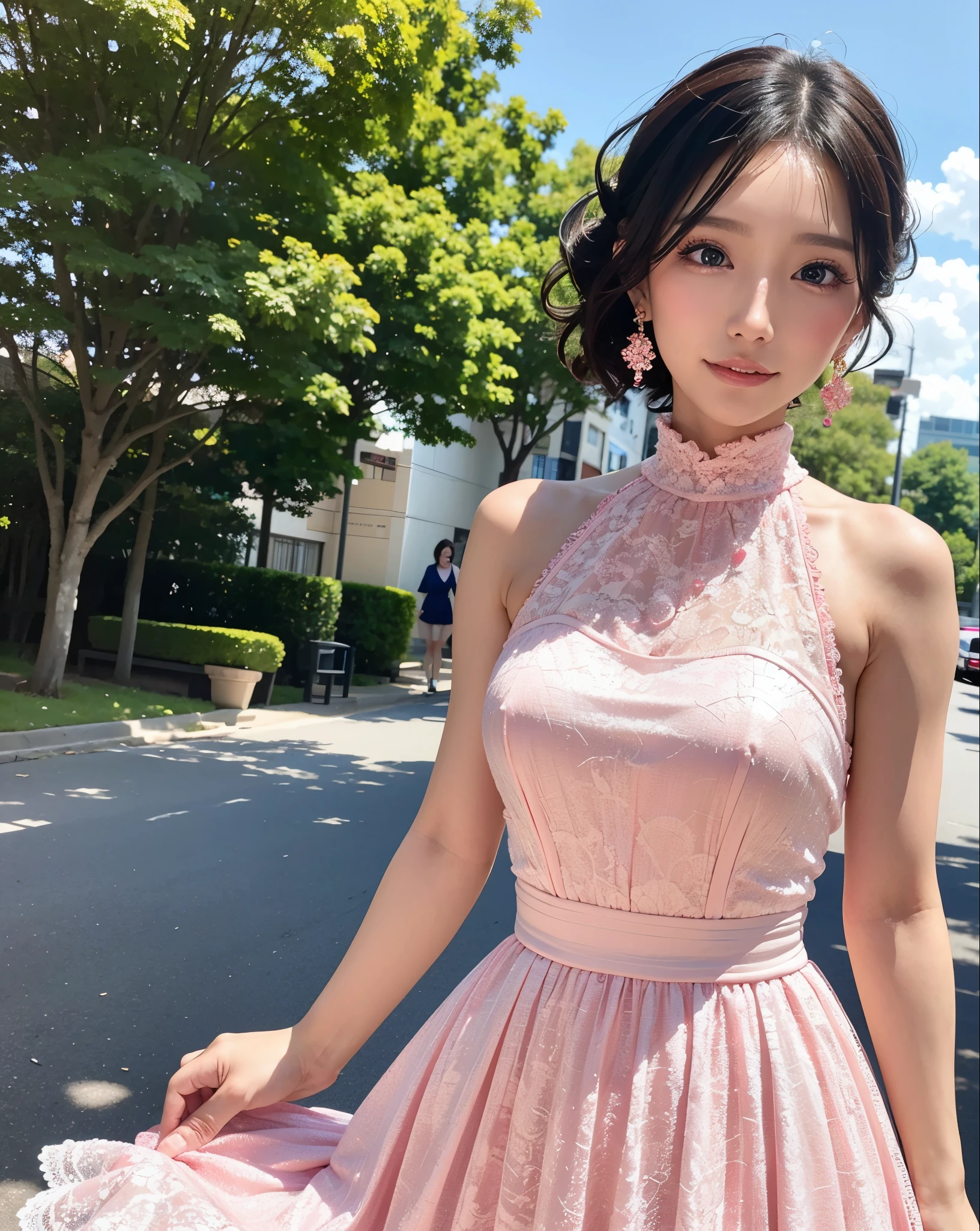 a woman posing on the street corner with pink dress on, best quality, high res, 8k, 1girl, (huge breasts), day, bright, outdoor, (street:0.8), (people, crowds:1), (lace-trimmed dress:1.5, pink clothes:1.5, pink high-neck dress:1.5, sleeveless dress, pink dress: 1.5), gorgeous, (medium hair), beautiful detailed sky, beautiful earrings, (dynamic pose:0.8), (upper body:1.2), soft lighting, wind, shiny skin, looking at viewer,