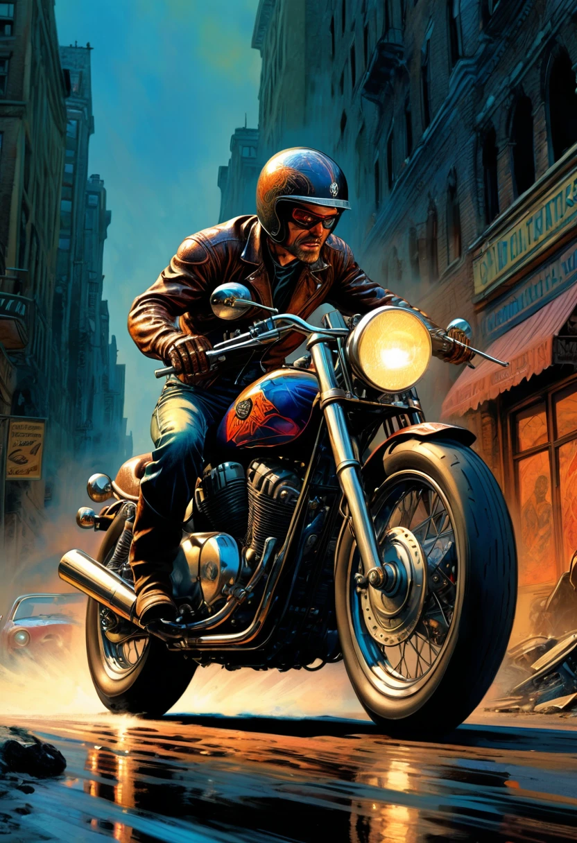 Motorcycle, rider, full body, by Sybil Andrews and Bob Eggleton, comic style, dramatic composition, cinematic dynamic action scene, vibrant colors, cinematic lighting, dramatic lighting, best quality, masterpiece, very aesthetic, perfect composition, intricate details, ultra-detailed